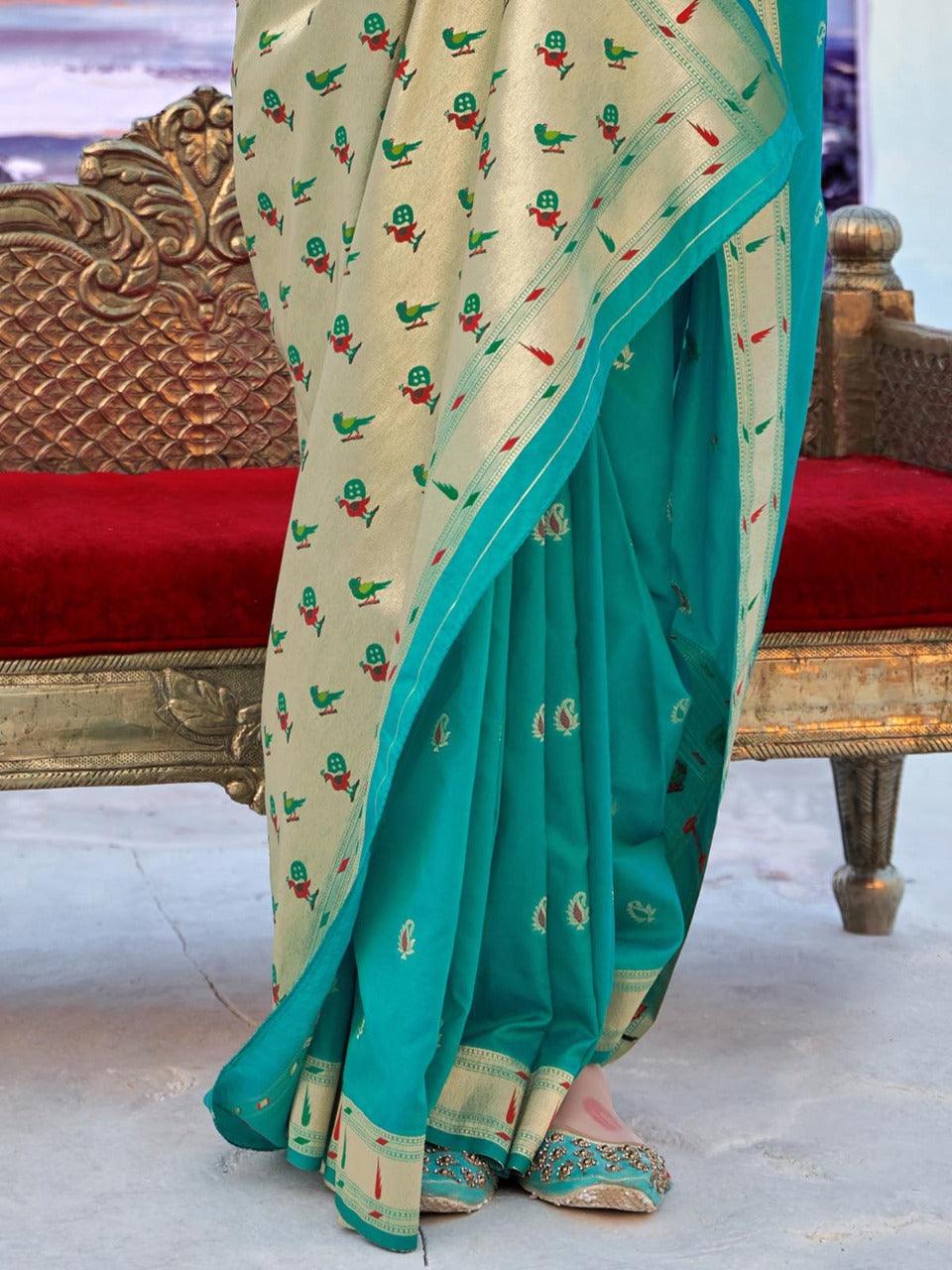 Turquoise Blue Banarasi Soft Silk Woven Design Saree With Blouse Piece - Odette