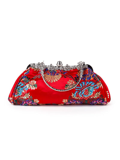 Vibrant red embroidered hand clutch - Odette