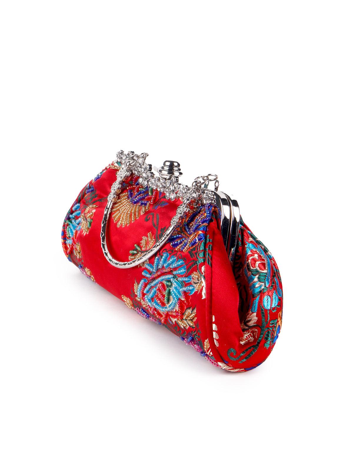 Vibrant red embroidered hand clutch - Odette
