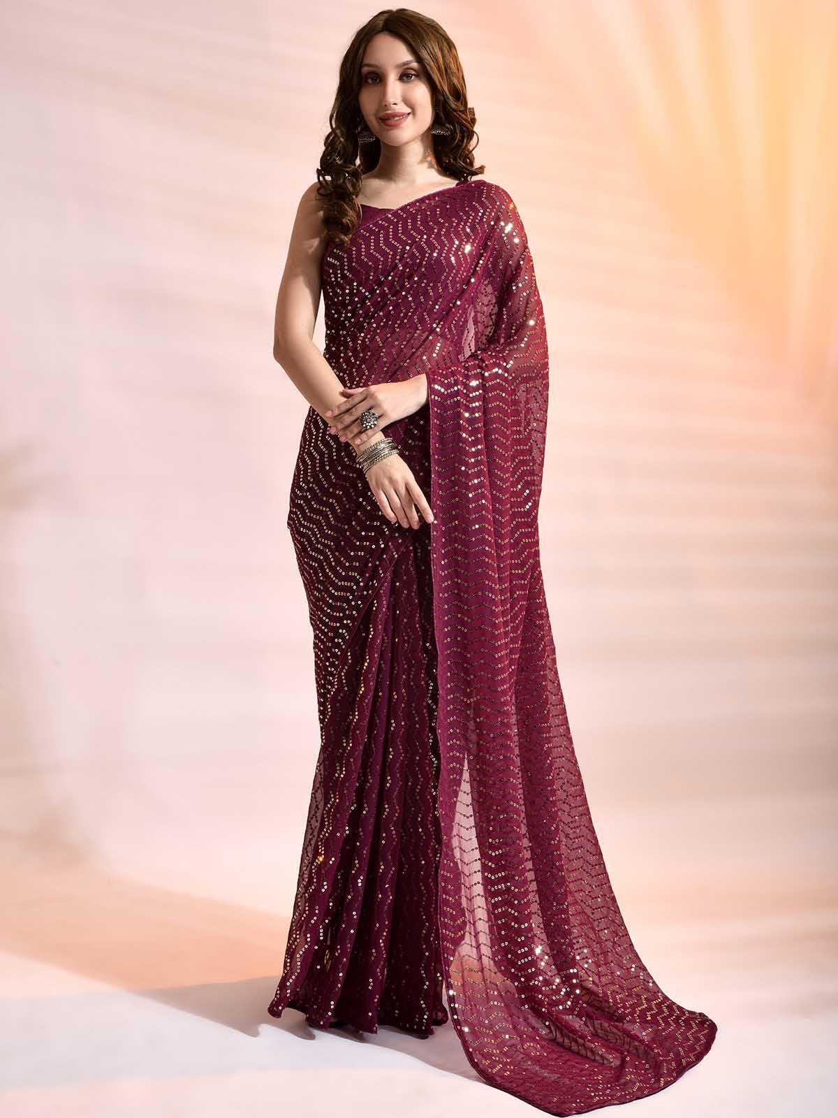 Red Georgette Full Sequence Saree With Blouse 244296