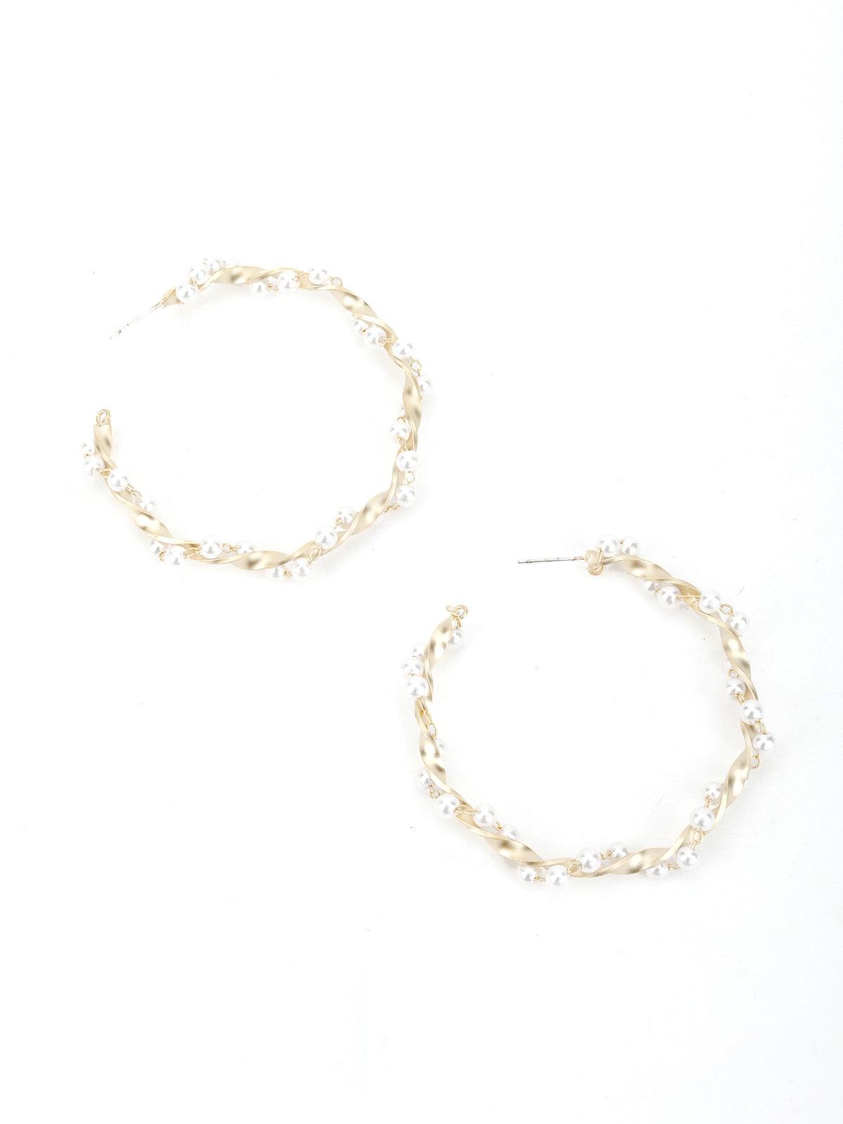 Wavy Gold Tone White Pearl Hoops - Odette