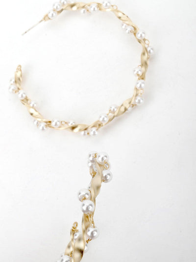 Wavy Gold Tone White Pearl Hoops - Odette