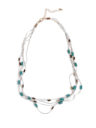 Whimsical Blue Beaded Metallic Necklace - Odette