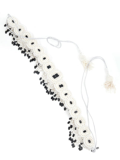 White And Black Pearl Beads Velvet Base Belt - Odette