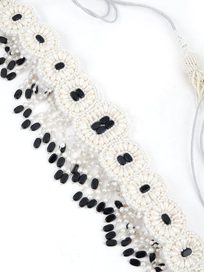 White And Black Pearl Beads Velvet Base Belt - Odette