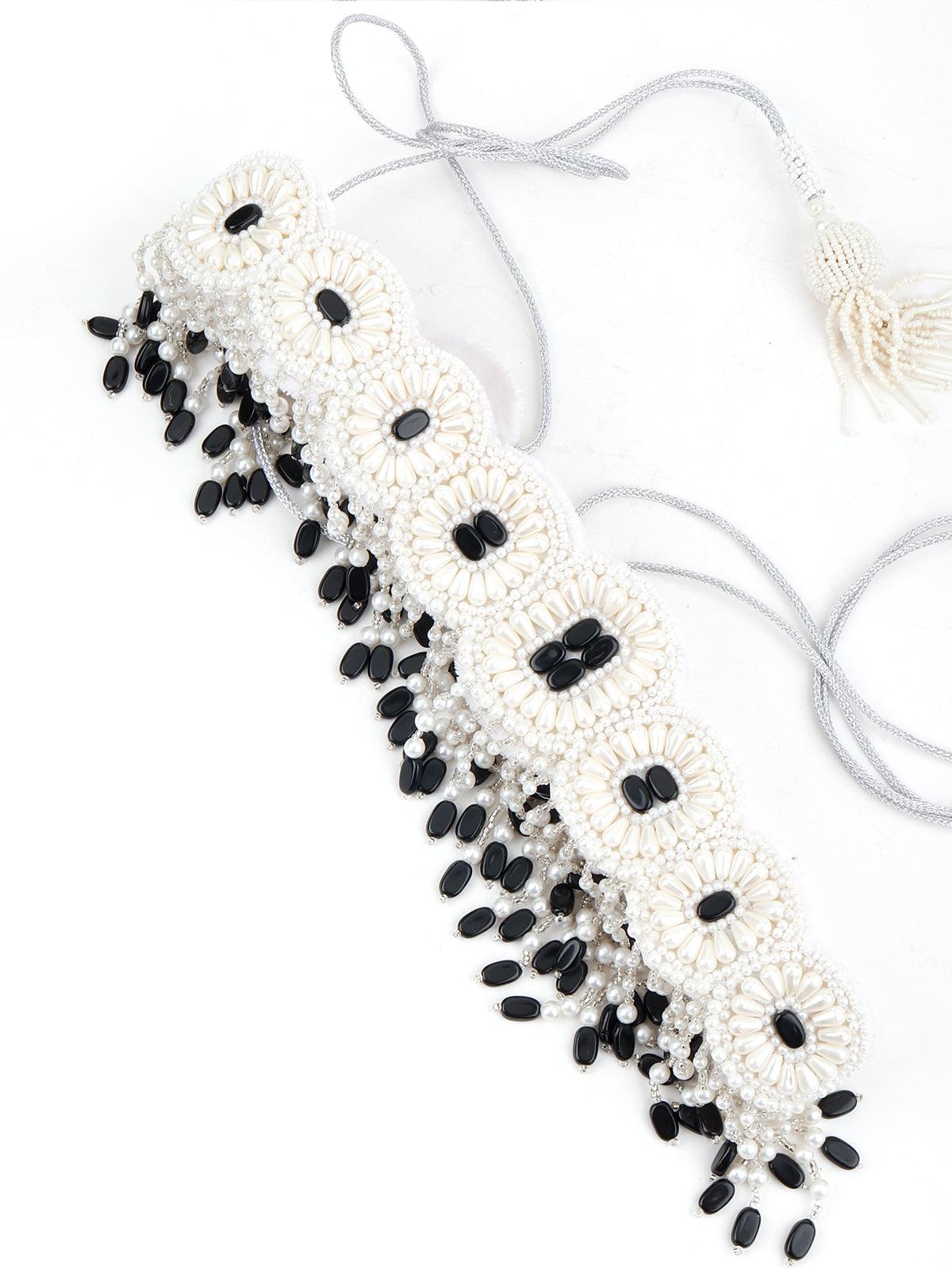 White And Black Pearl Beads Velvet Base Belt - Odette