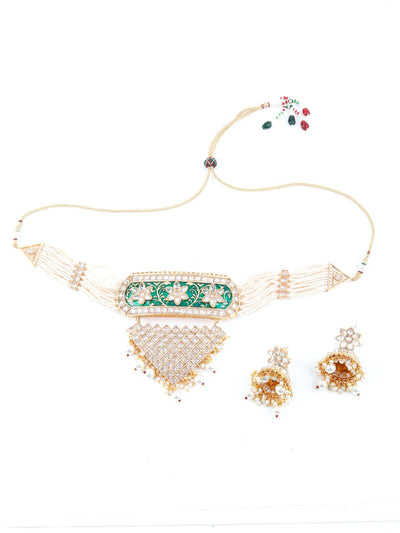 White And Dark Green Kundan Style Choker Necklace Set - Odette