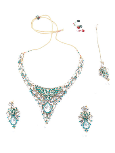 White And Green Kundan Embellished Choker Necklace Set - Odette