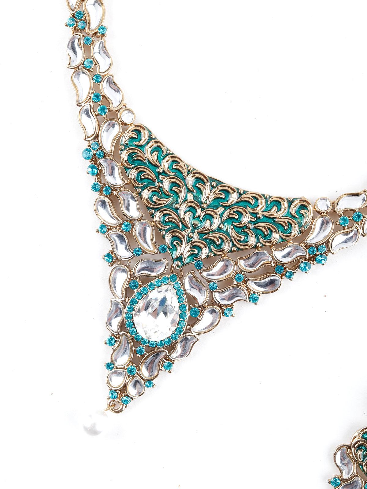 White And Green Kundan Embellished Choker Necklace Set - Odette
