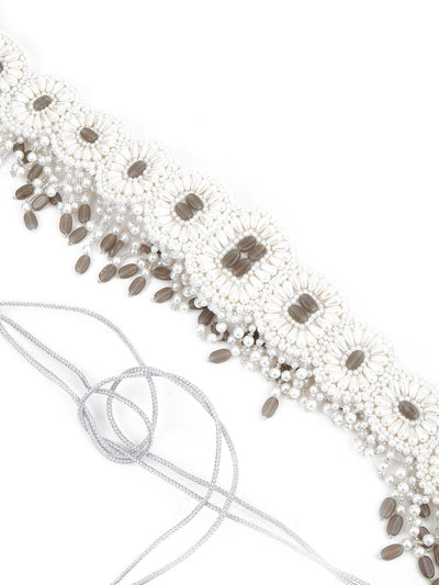 White And Grey Pearl Beads Velvet Base Belt - Odette