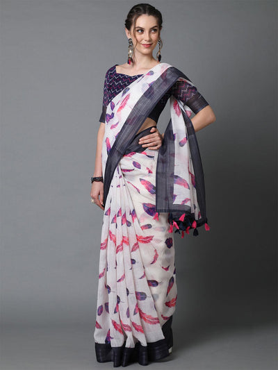 White & Pink Casual Linen Printed Saree With Unstitched Blouse - Odette
