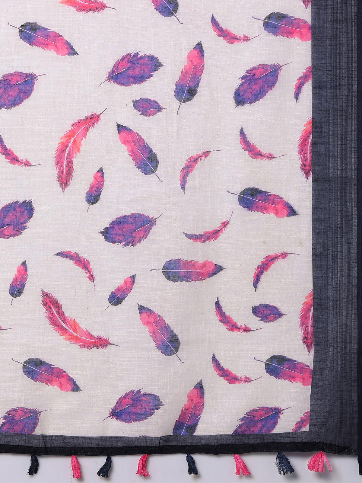 White & Pink Casual Linen Printed Saree With Unstitched Blouse - Odette