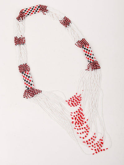 White And Red Beaded Multi-Strand Necklace Set With Earrings - Odette