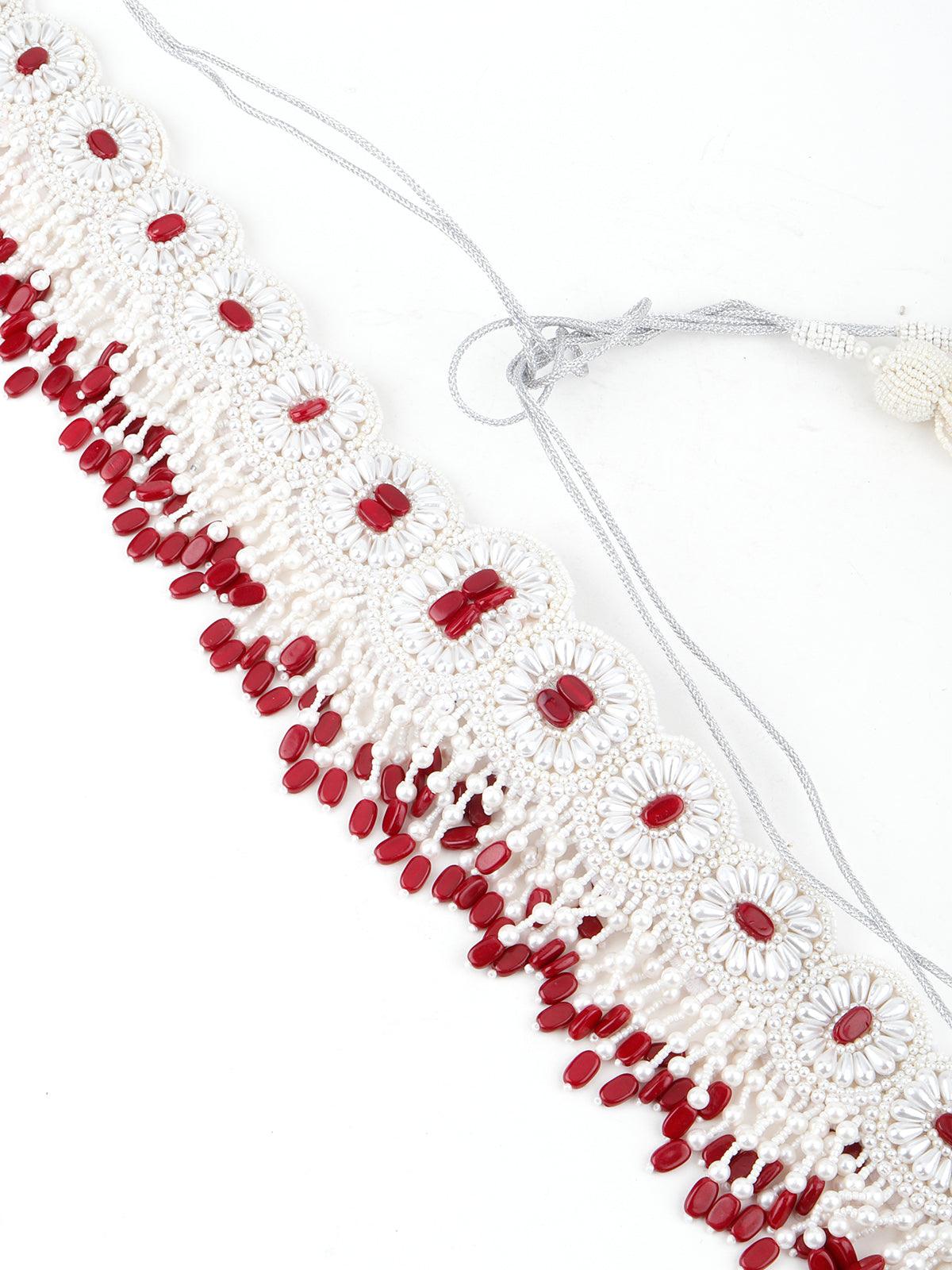 White And Red Pearl Beads Velvet Base Belt - Odette