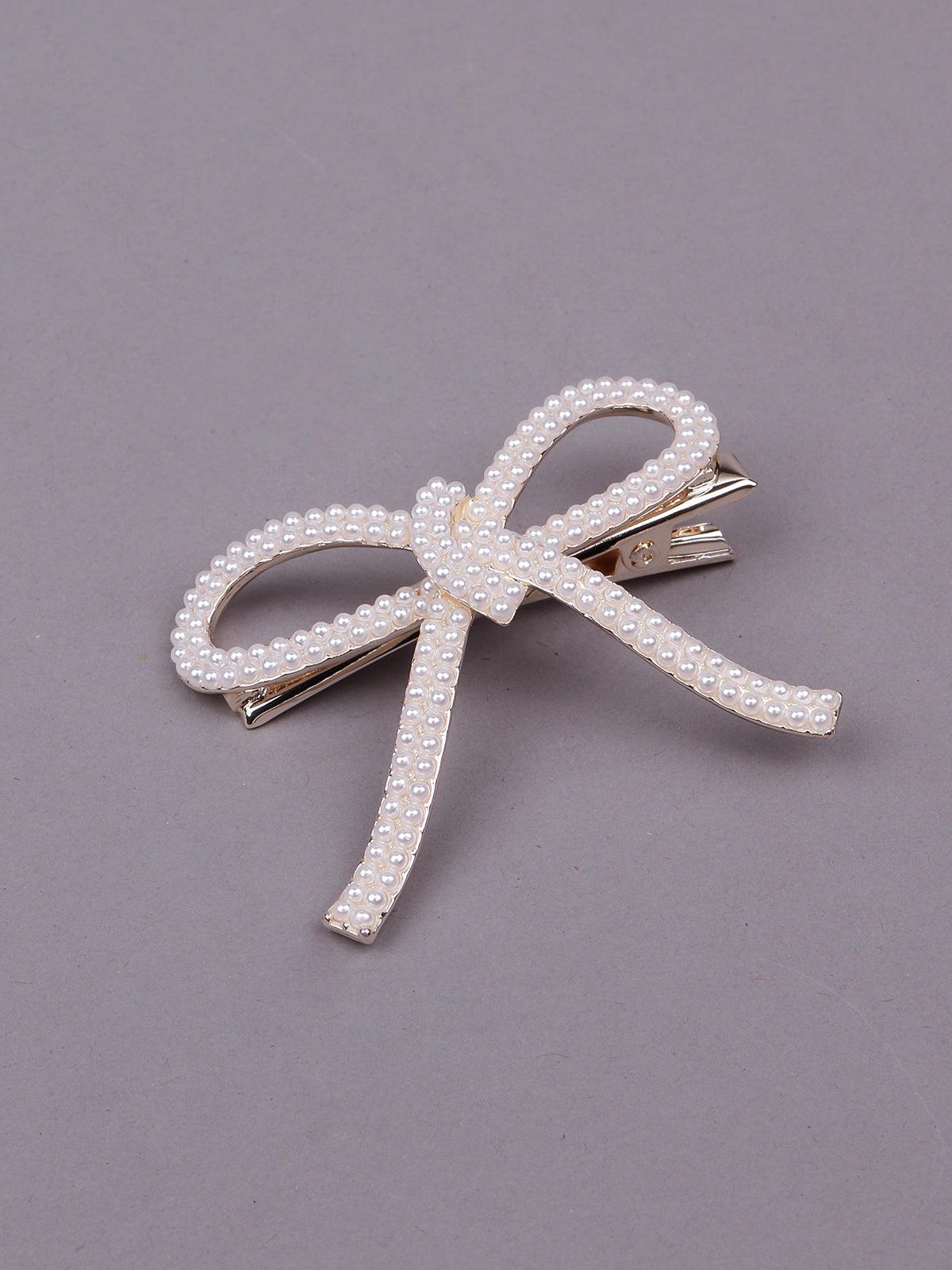 White beaded bow-shaped hair clips - Odette