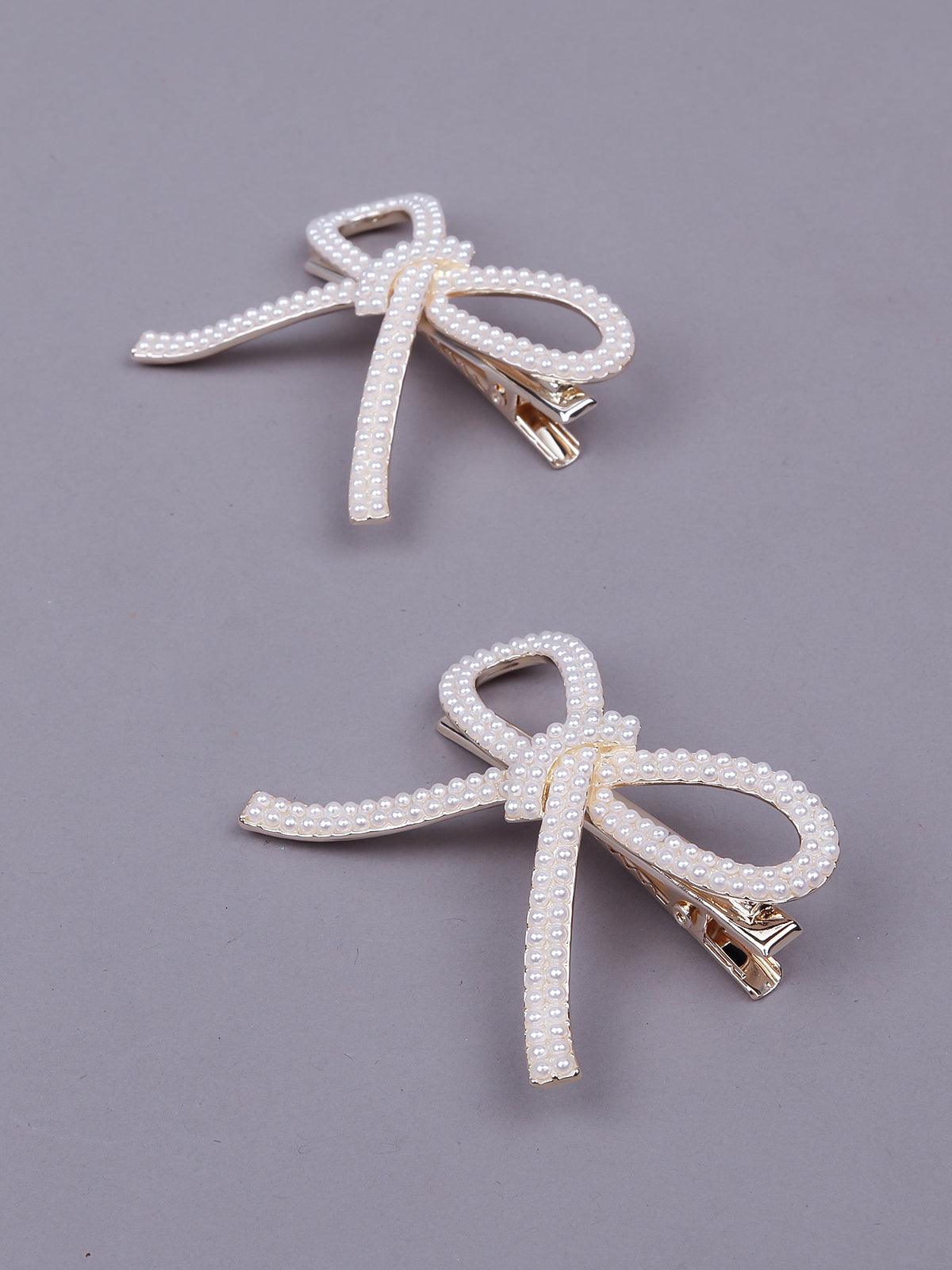 White beaded bow-shaped hair clips - Odette