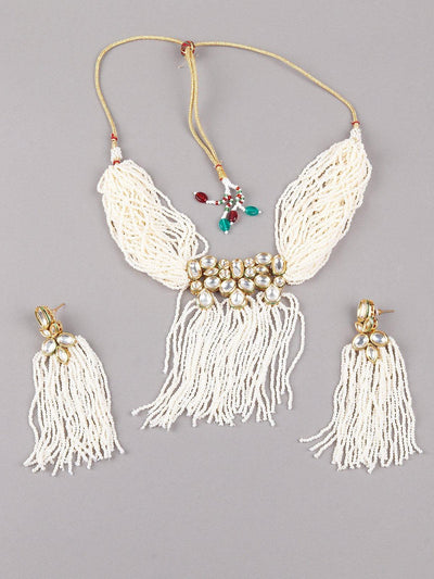 White Beaded Kundan Work Tassel Necklace Set - Odette