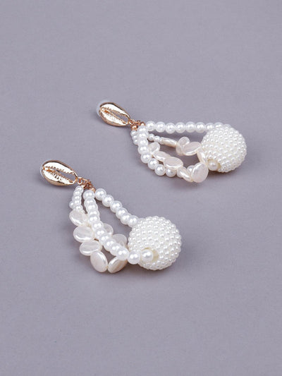 White beaded rounded drop statement earrings for women - Odette