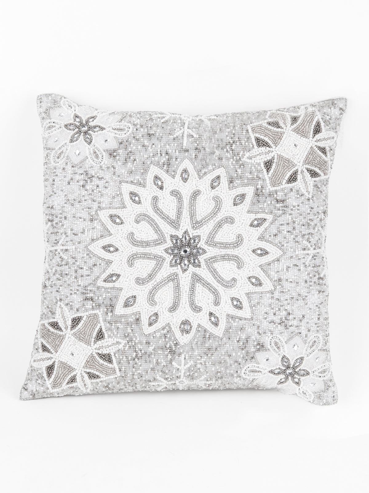 White Boho Embroidered Cushion - Odette