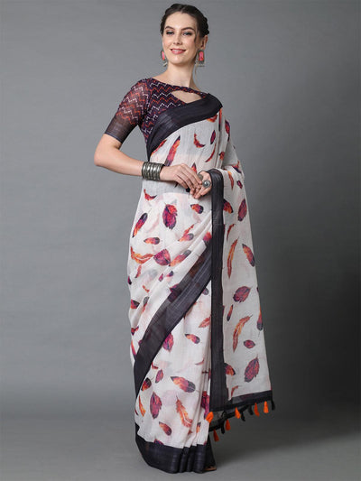 White Casual Linen Printed Saree With Unstitched Blouse - Odette