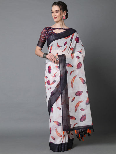 White Casual Linen Printed Saree With Unstitched Blouse - Odette