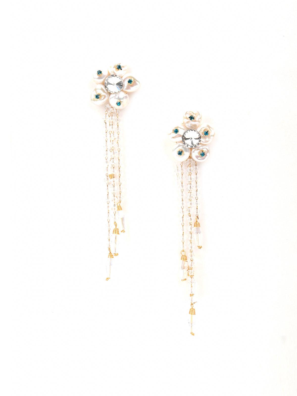 White Floral Beautiful Tassel Earrings - Odette