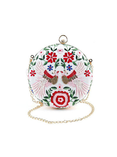 White Floral Embroidered Round Clutch - Odette