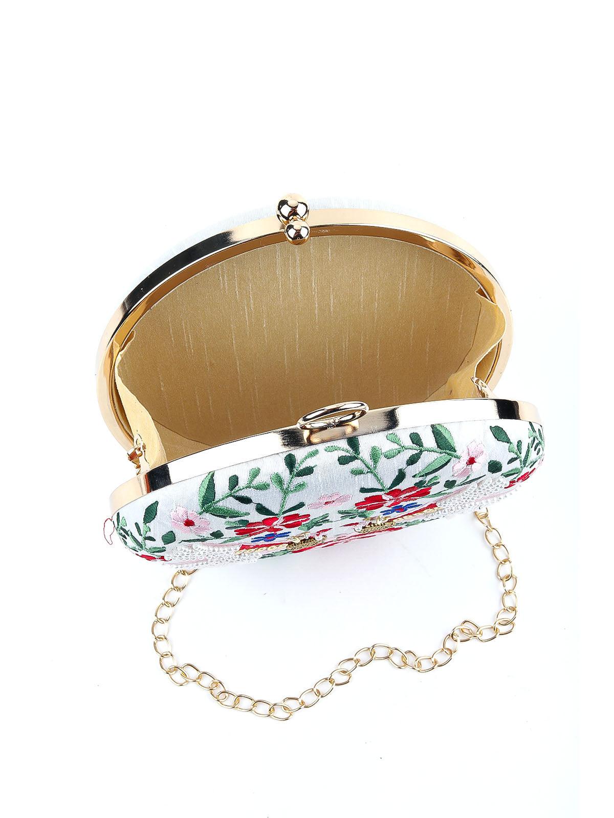 White Floral Embroidered Round Clutch - Odette