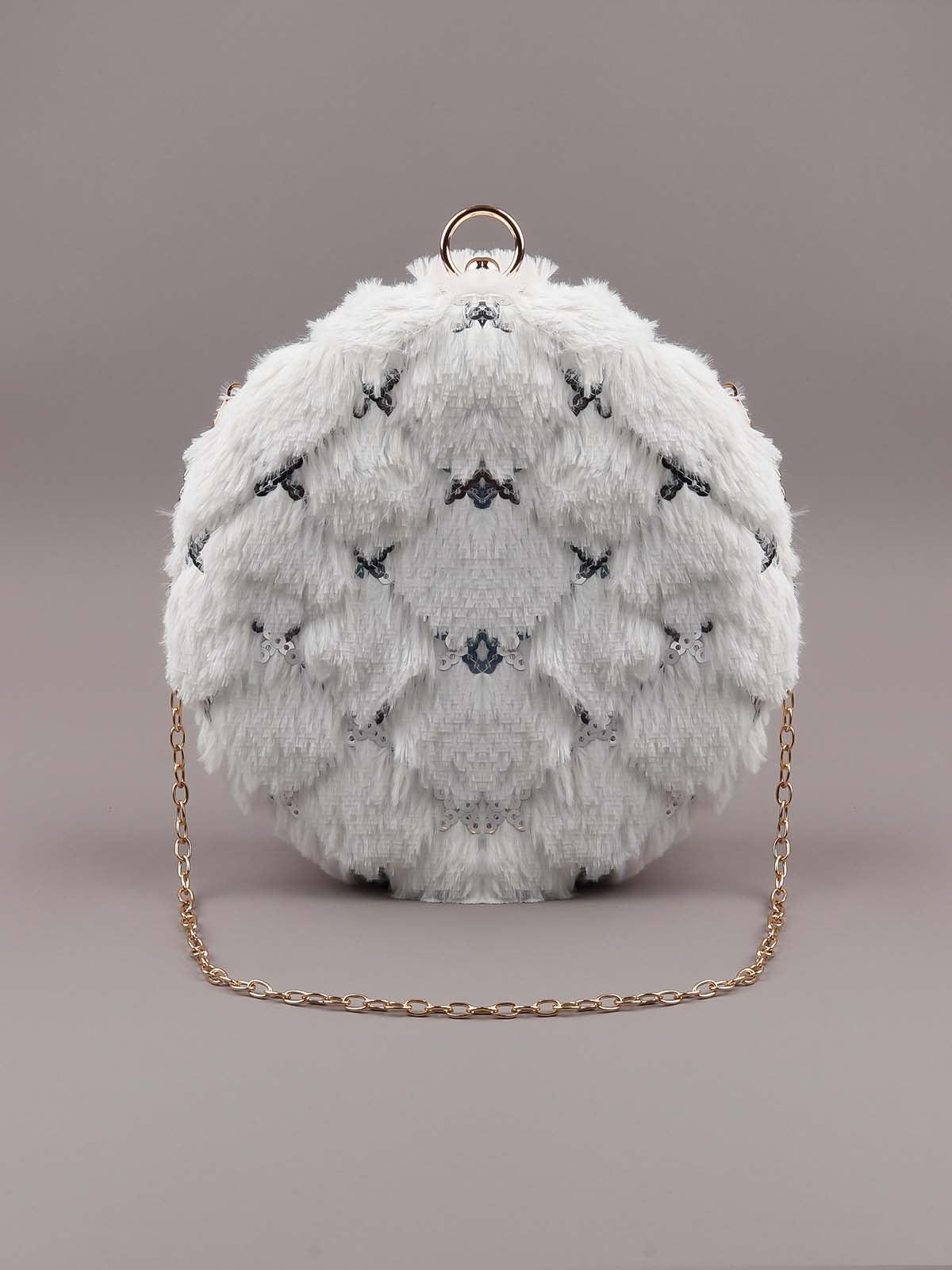 White fluffy rounded sling bag for women - Odette