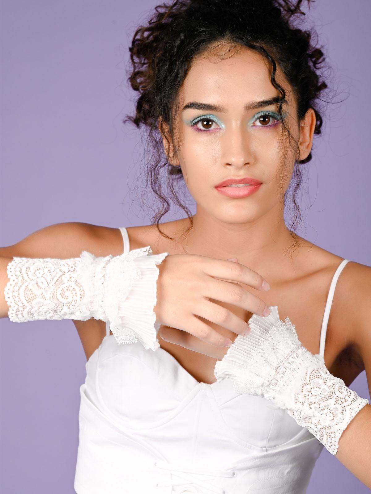 White frills and lace embellished hand gloves for women - Odette