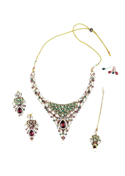 White, Green And Purple Kundan Choker Necklace Set - Odette