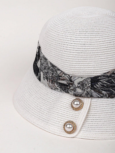 White Hat With Black Printed Ruched Band - Odette