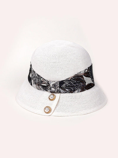 White Hat With Black Printed Ruched Band - Odette