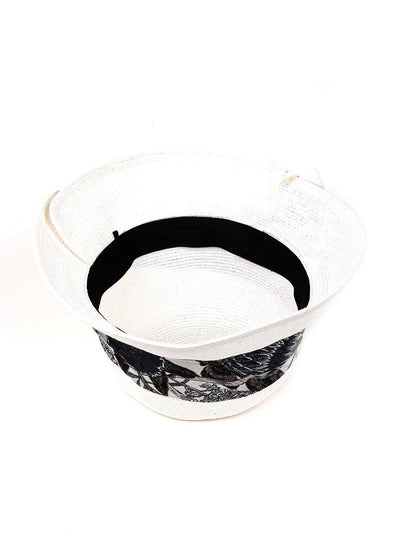 White Hat With Black Printed Ruched Band - Odette