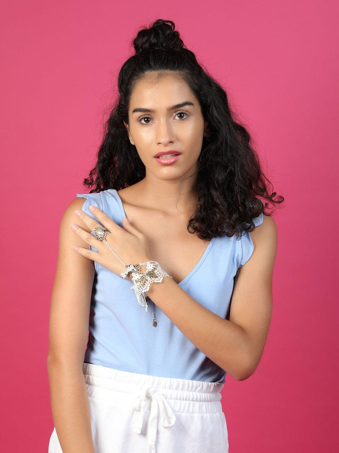 Odette Women White Lace Bracelet Secured With A Ring Chain