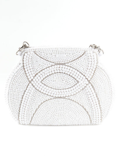 White Pearl Beads And Silver Stone Strands Sling Bag - Odette