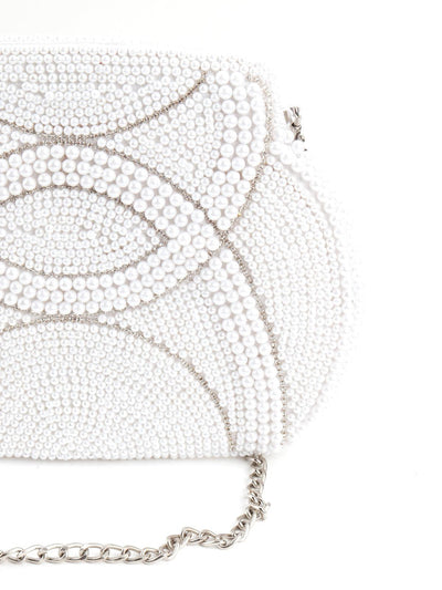 White Pearl Beads And Silver Stone Strands Sling Bag - Odette