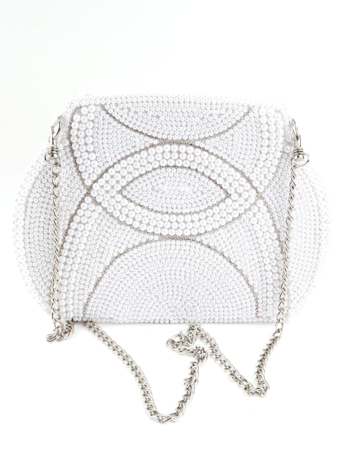 White Pearl Beads And Silver Stone Strands Sling Bag - Odette