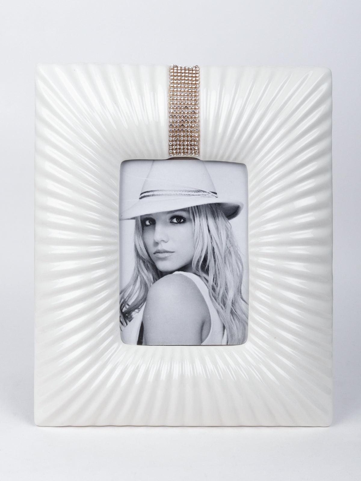 White pleated textured with a studded gold band photo-frame. - Odette