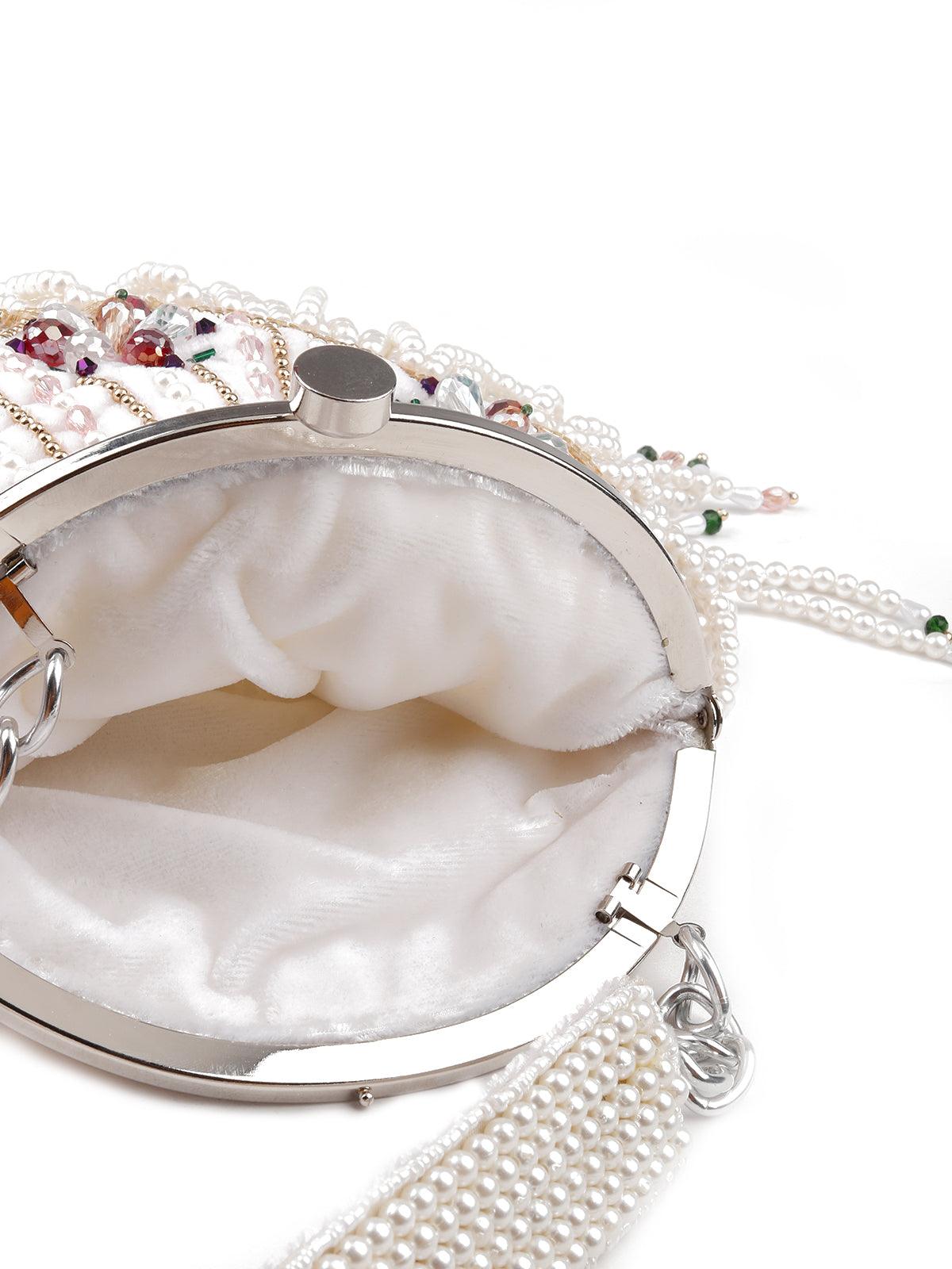 White stunning tassel embellished sling bag - Odette
