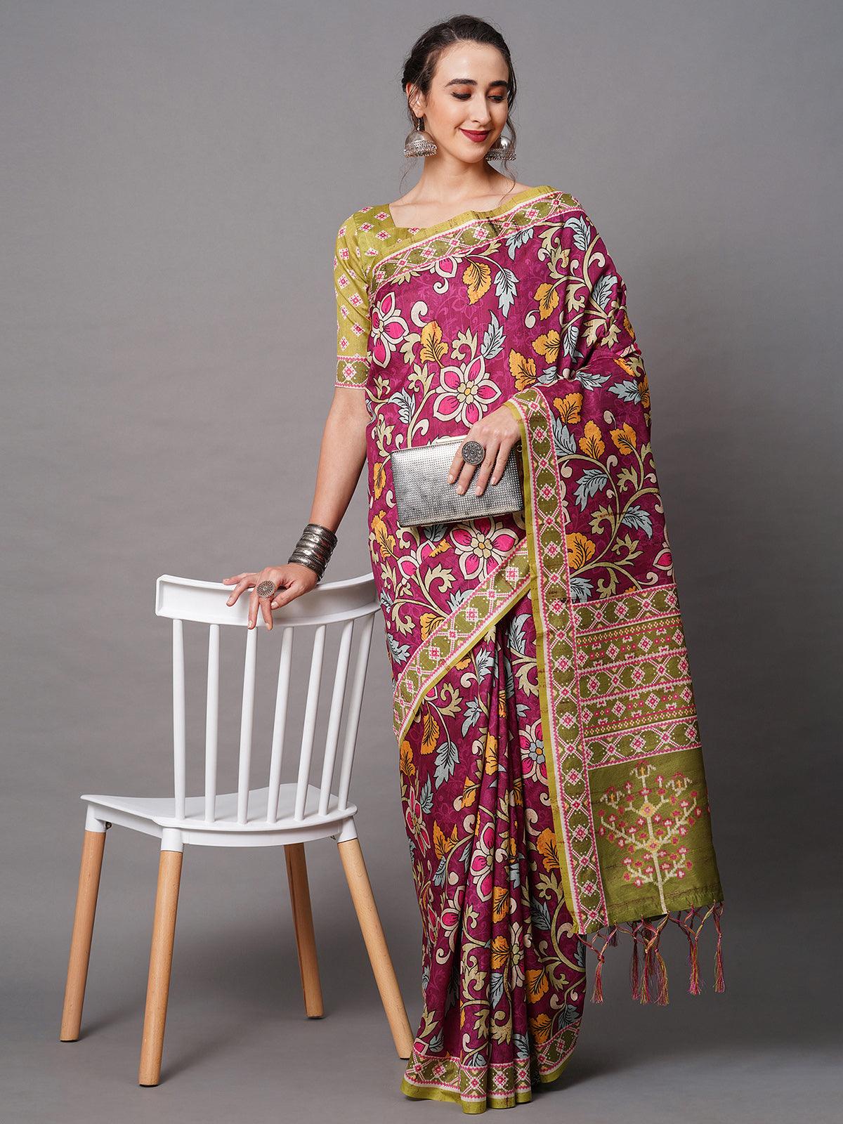 wine Festive Bhagalpuri Silk Printed Saree With Unstitched Blouse - Odette