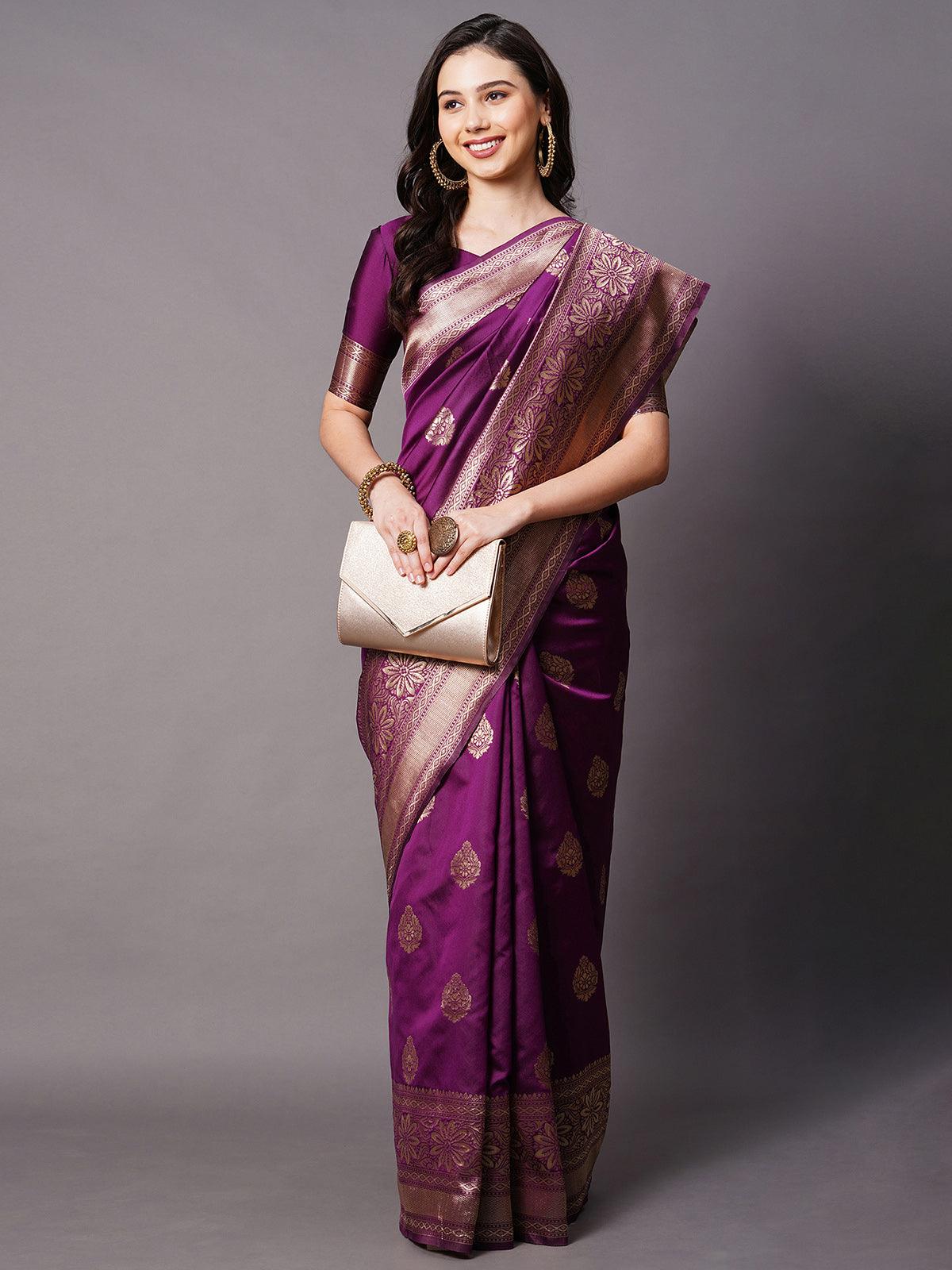 wine Festive Silk Blend Woven Design Saree With Unstitched Blouse - Odette