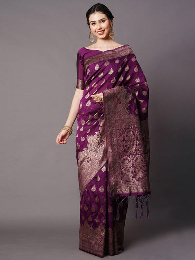 wine Festive Silk Blend Woven Design Saree With Unstitched Blouse - Odette
