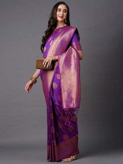 Wine Festive Silk Blend Woven Design Saree With Unstitched Blouse - Odette