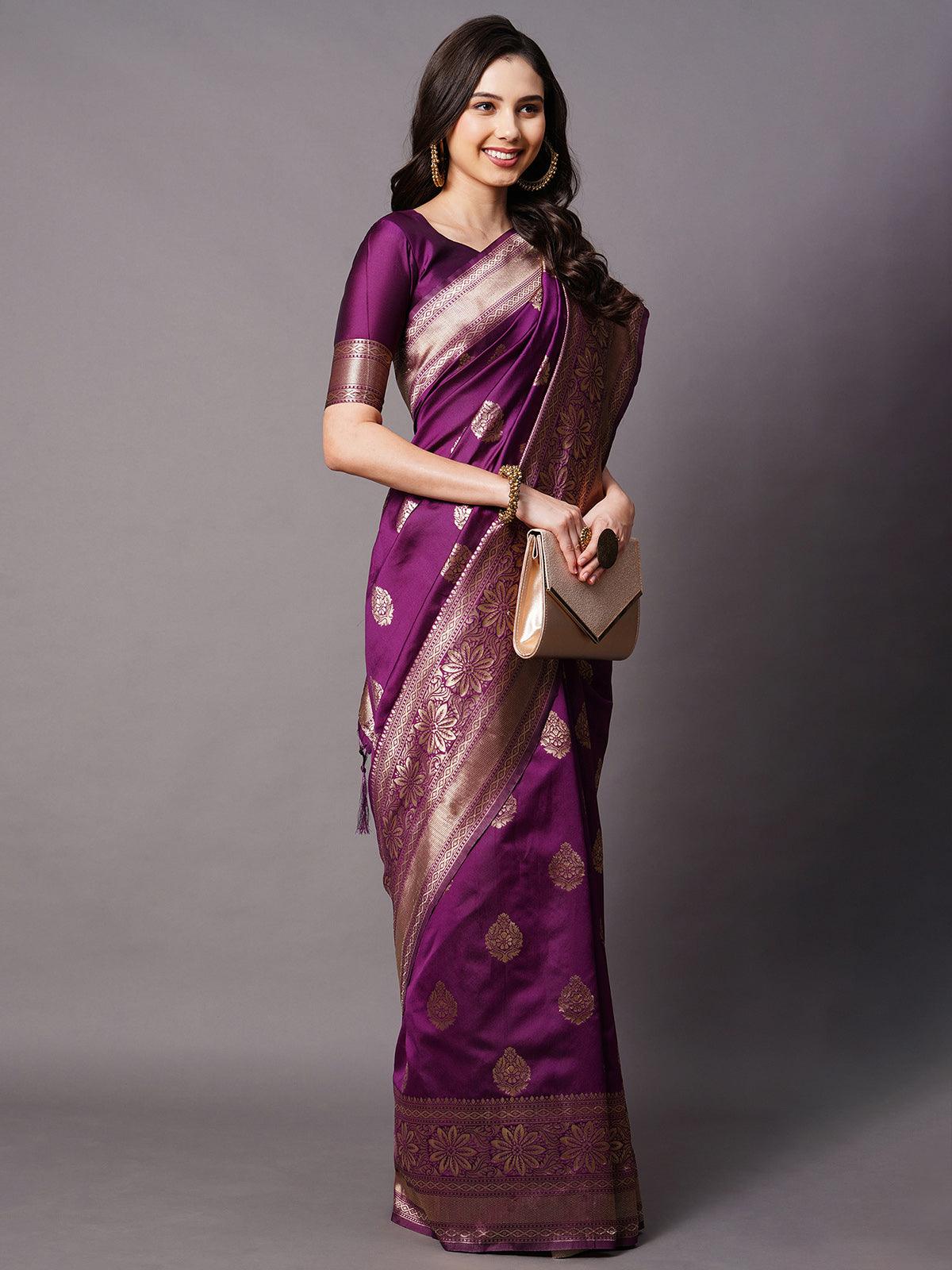 wine Festive Silk Blend Woven Design Saree With Unstitched Blouse - Odette