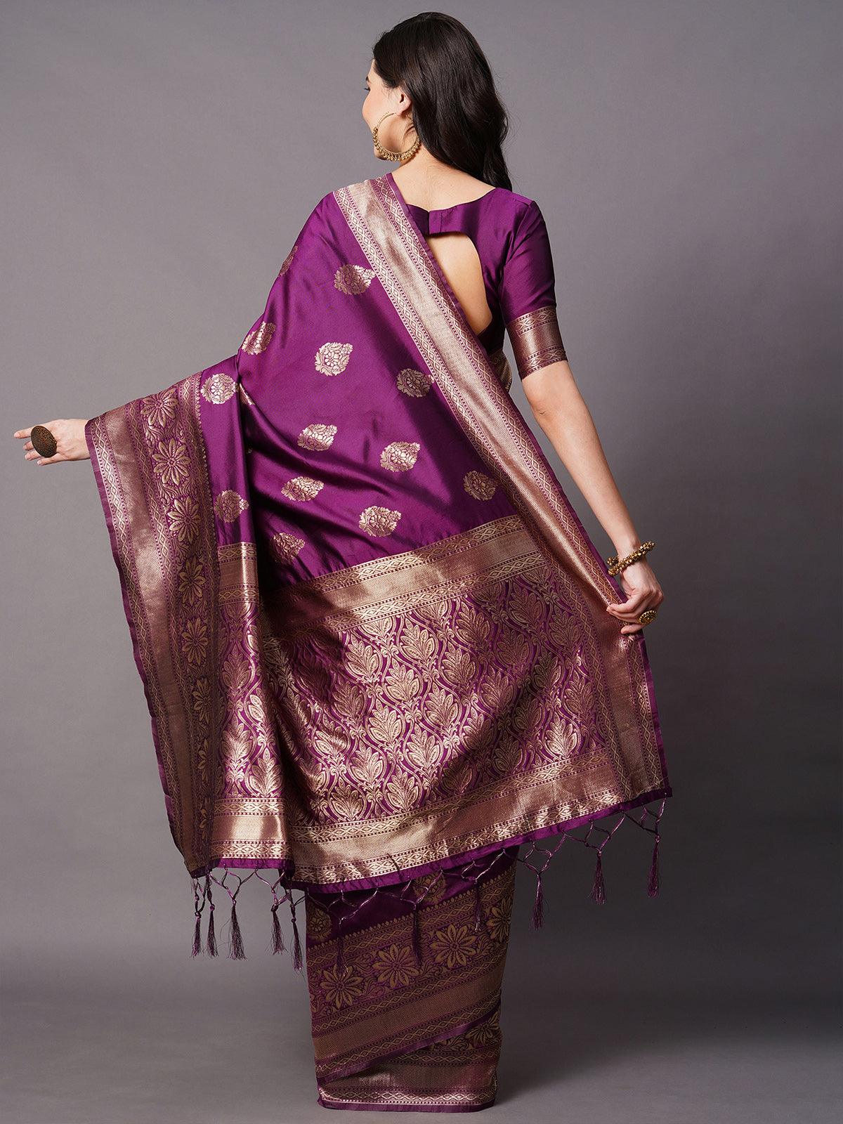 wine Festive Silk Blend Woven Design Saree With Unstitched Blouse - Odette