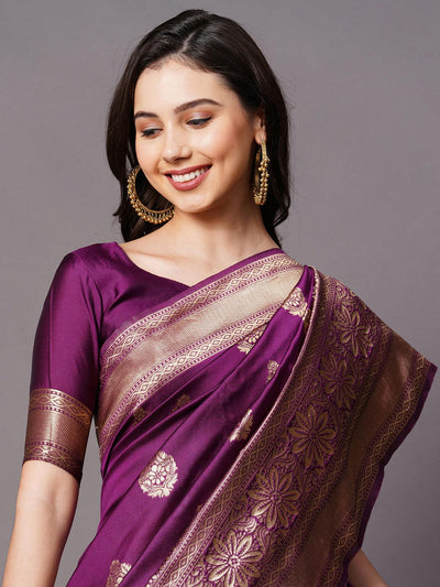 wine Festive Silk Blend Woven Design Saree With Unstitched Blouse - Odette