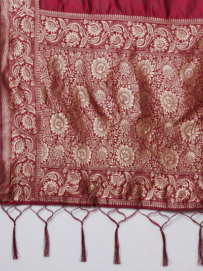 wine Festive Silk Blend Woven Design Saree With Unstitched Blouse - Odette