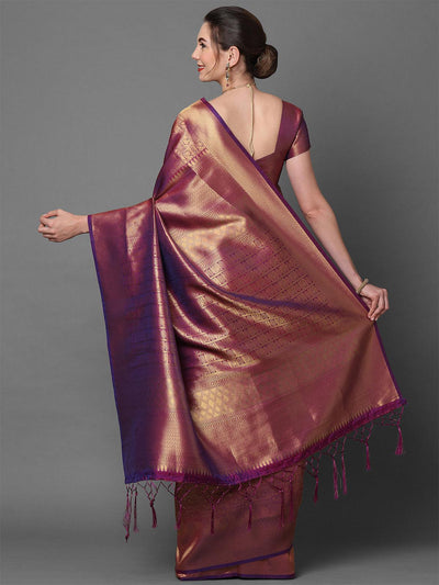 Wine Party Wear Kanjivaram silk Woven Design Saree With Unstitched Blouse - Odette