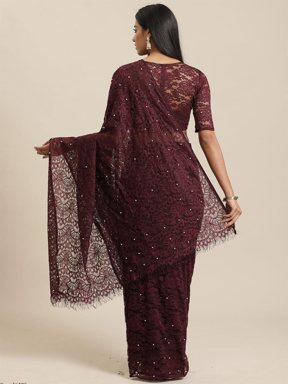 Wine Party Wear Net(Super Net) Solid Saree With Unstitched Blouse - Odette